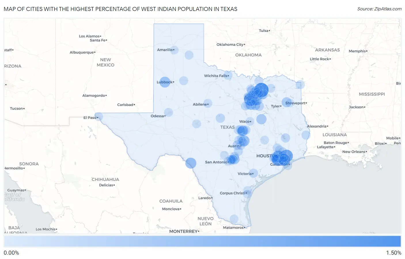 Cities with the Highest Percentage of West Indian Population in Texas Map