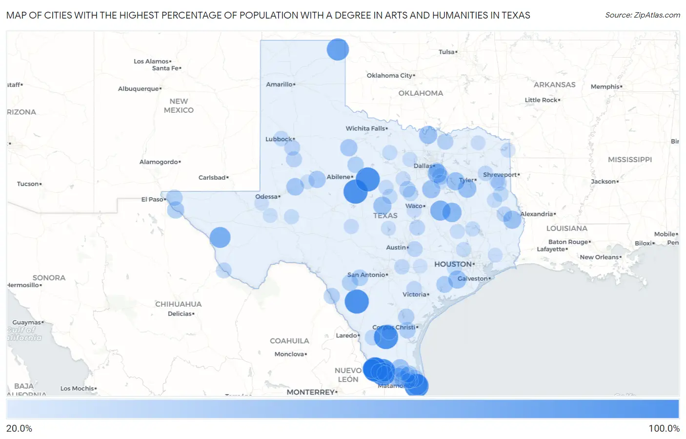 Cities with the Highest Percentage of Population with a Degree in Arts and Humanities in Texas Map