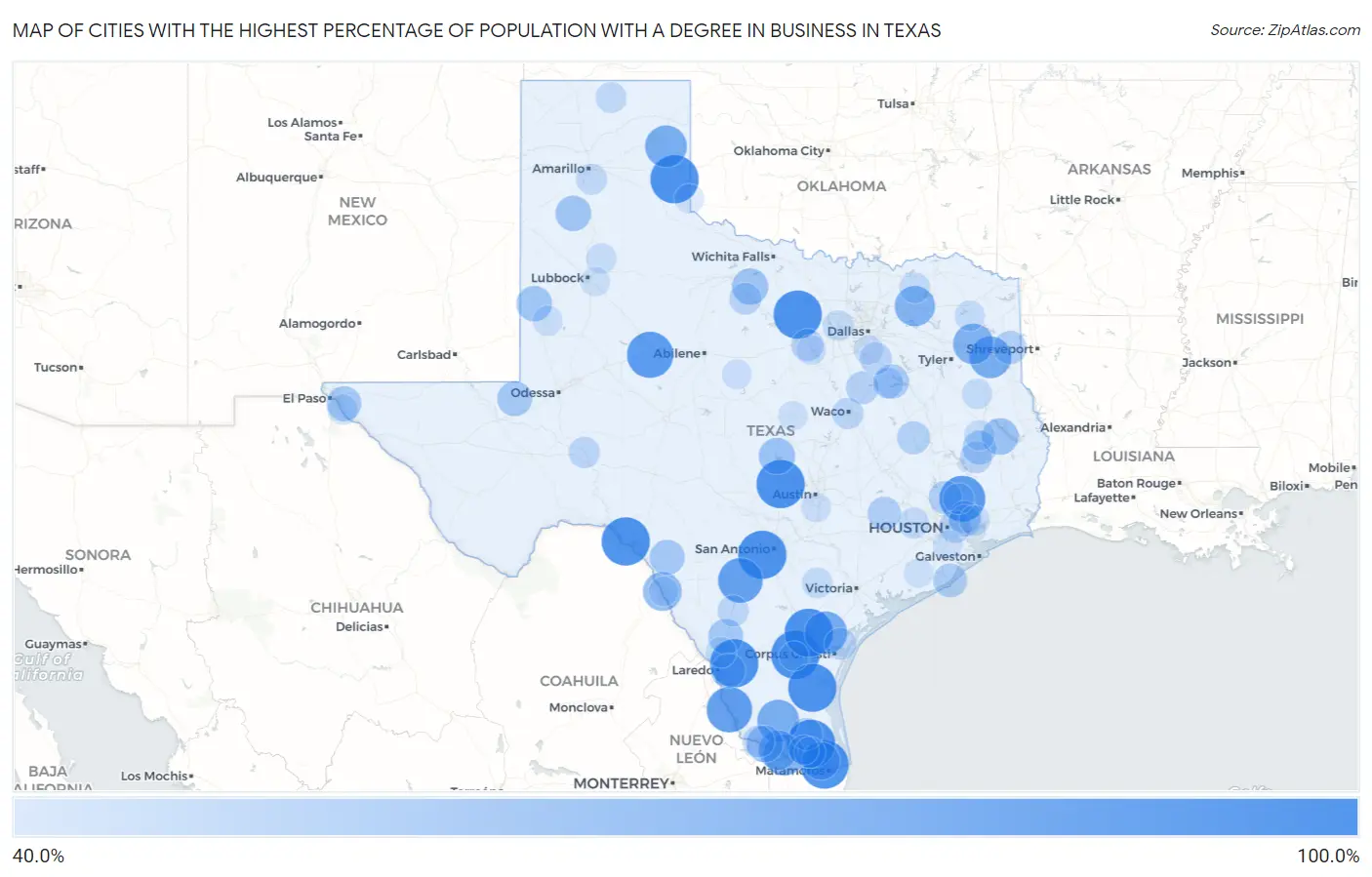 Cities with the Highest Percentage of Population with a Degree in Business in Texas Map