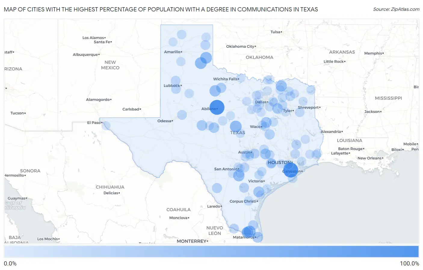 Cities with the Highest Percentage of Population with a Degree in Communications in Texas Map