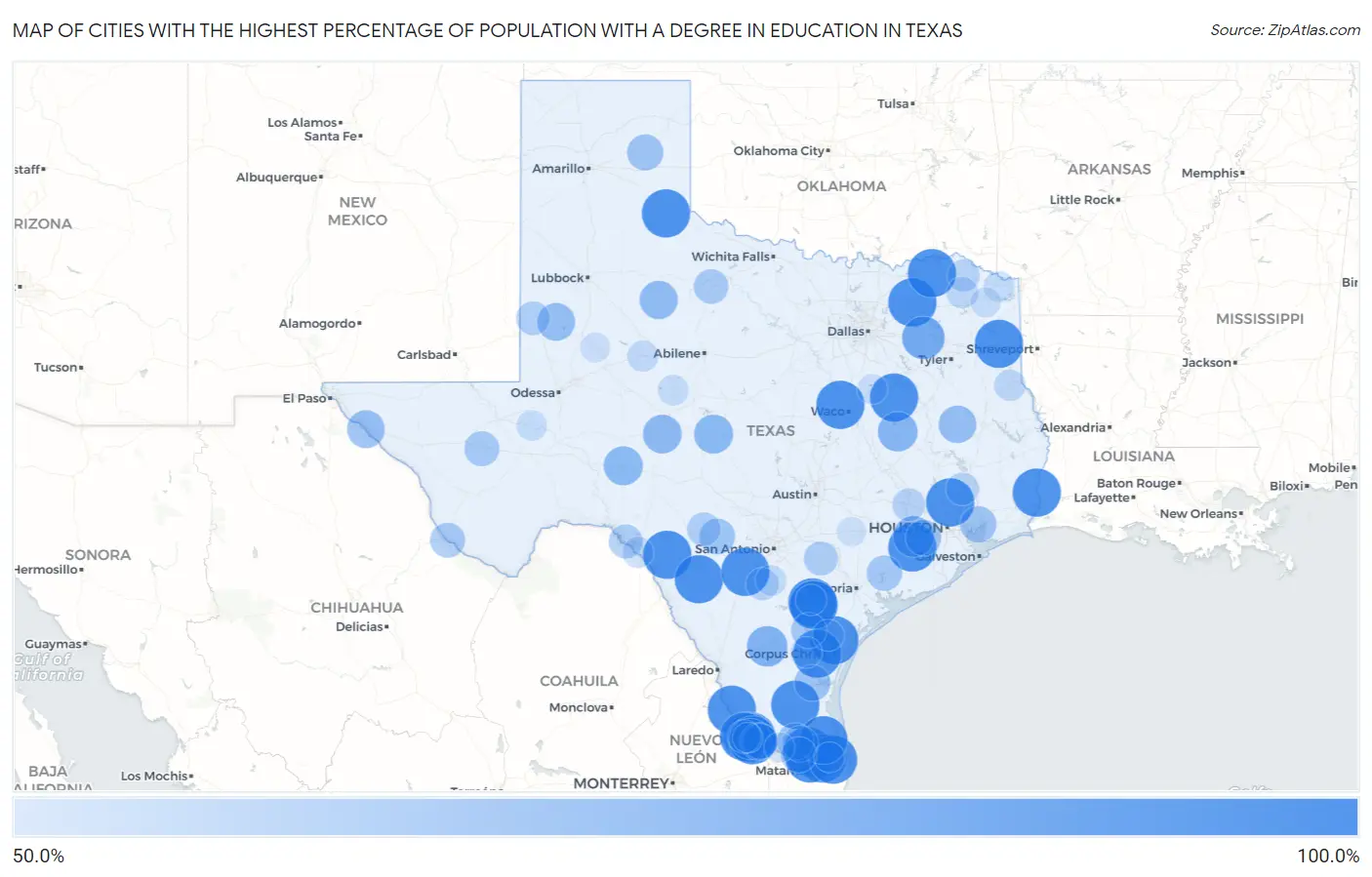Cities with the Highest Percentage of Population with a Degree in Education in Texas Map