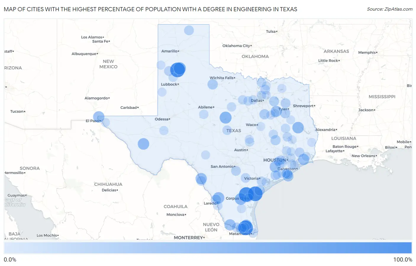 Cities with the Highest Percentage of Population with a Degree in Engineering in Texas Map