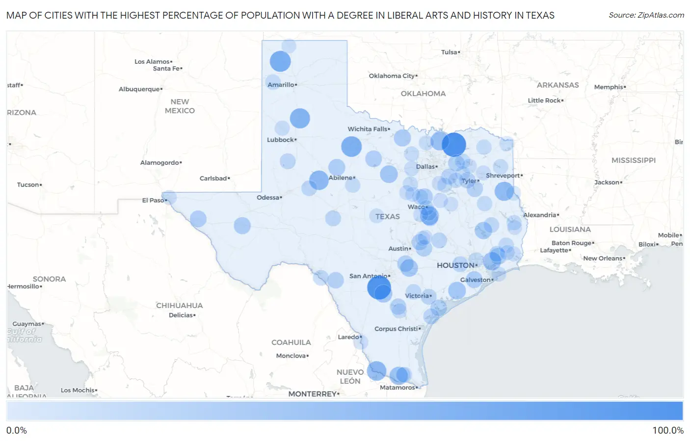 Cities with the Highest Percentage of Population with a Degree in Liberal Arts and History in Texas Map