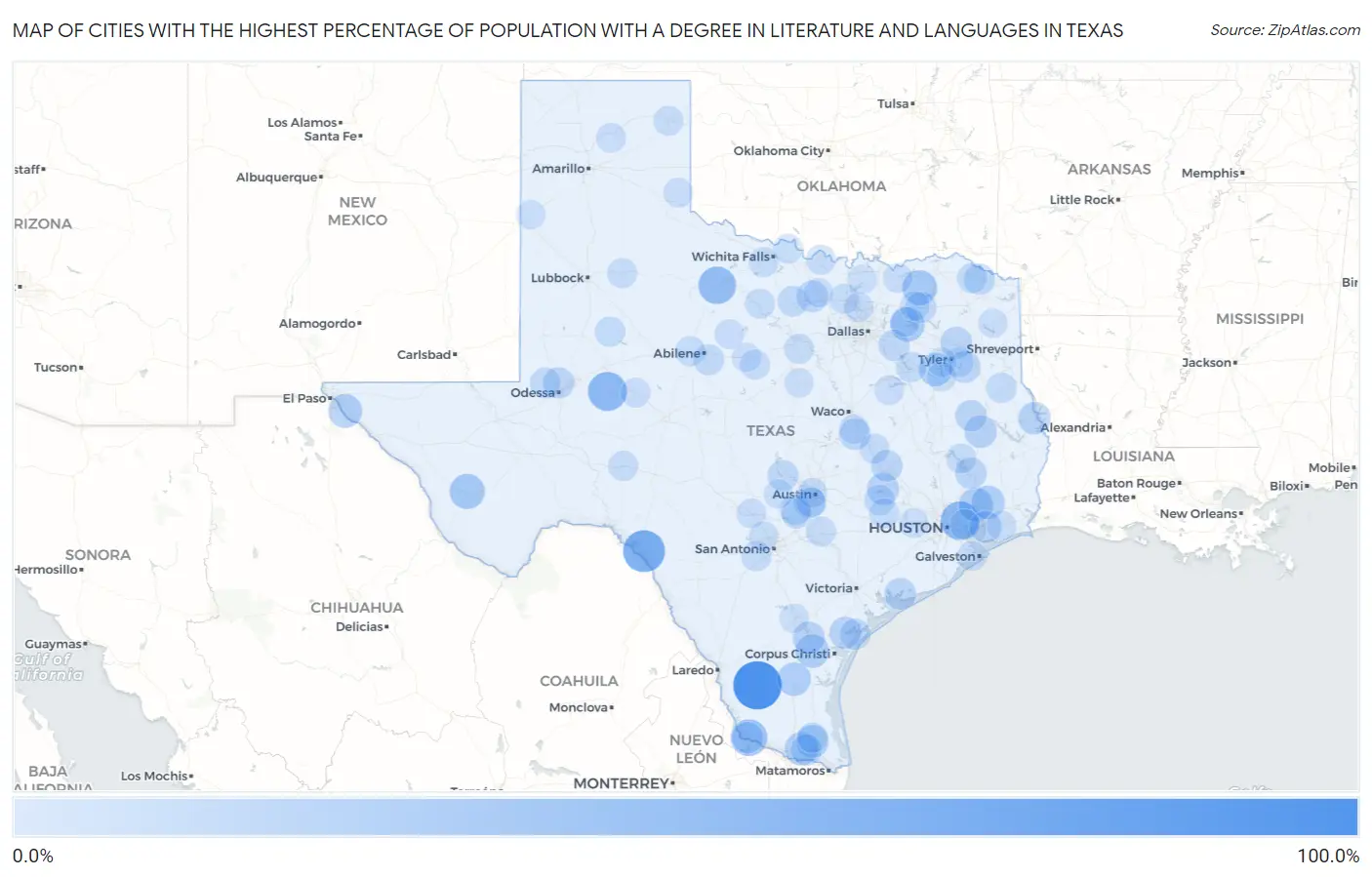 Cities with the Highest Percentage of Population with a Degree in Literature and Languages in Texas Map