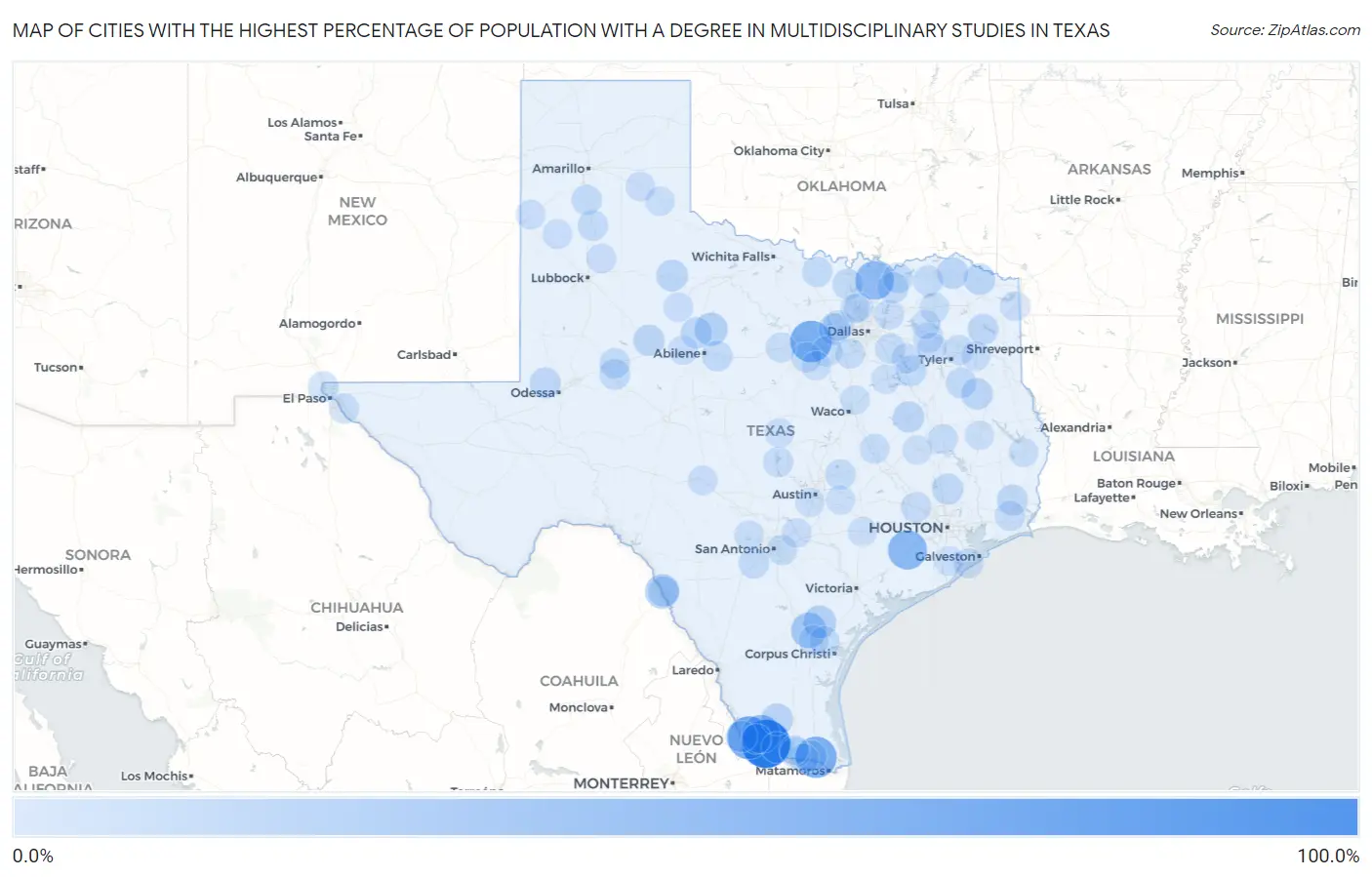 Cities with the Highest Percentage of Population with a Degree in Multidisciplinary Studies in Texas Map