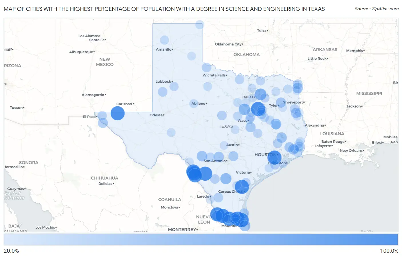Cities with the Highest Percentage of Population with a Degree in Science and Engineering in Texas Map