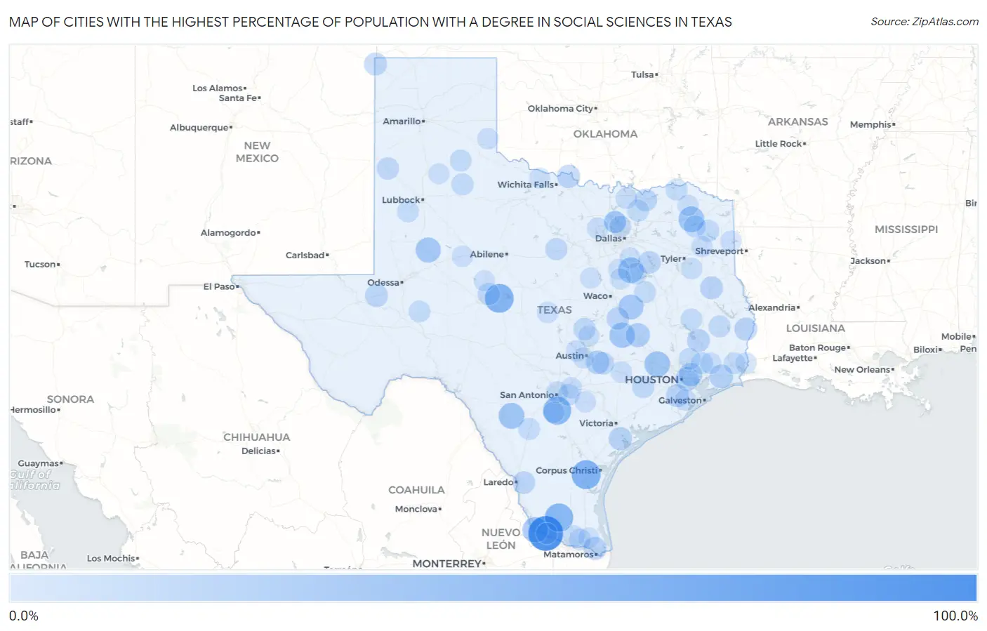Cities with the Highest Percentage of Population with a Degree in Social Sciences in Texas Map
