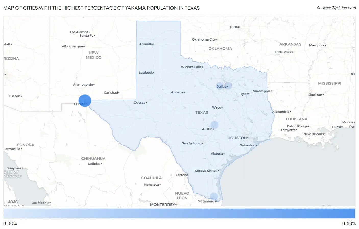 Cities with the Highest Percentage of Yakama Population in Texas Map