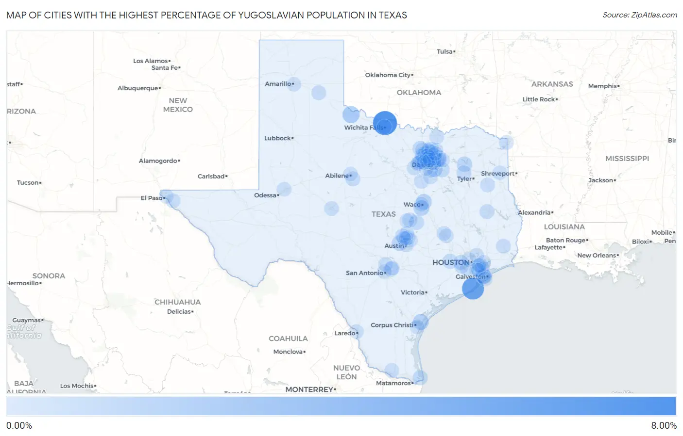 Cities with the Highest Percentage of Yugoslavian Population in Texas Map