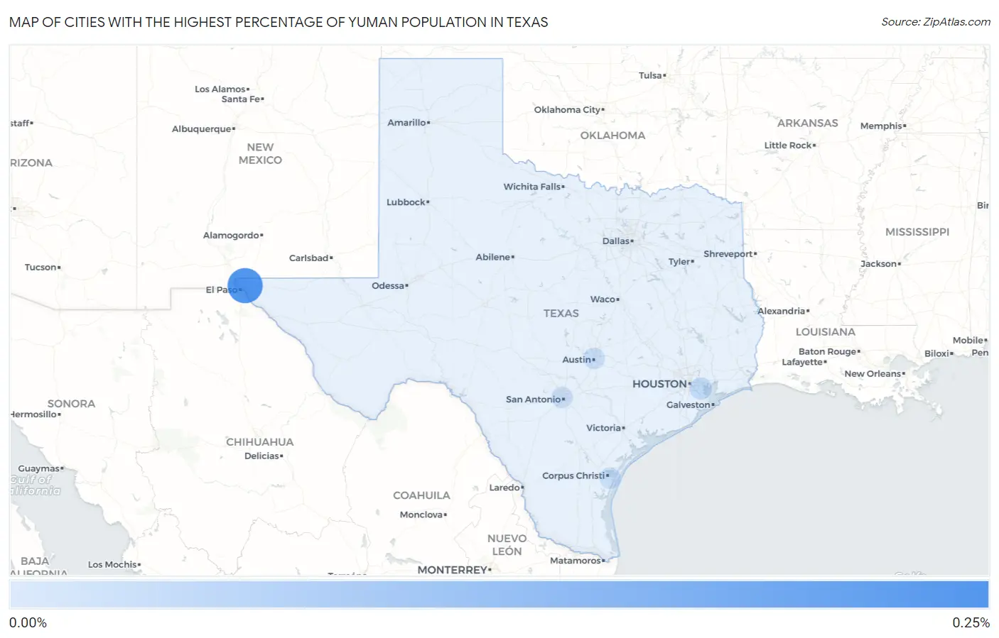 Cities with the Highest Percentage of Yuman Population in Texas Map