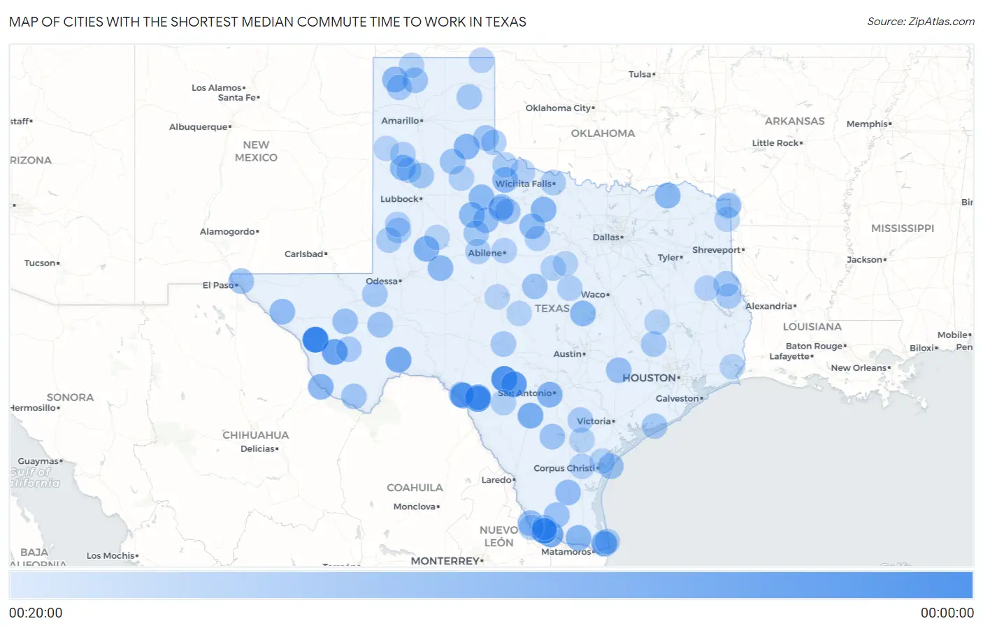 Cities with the Shortest Median Commute Time to Work in Texas Map