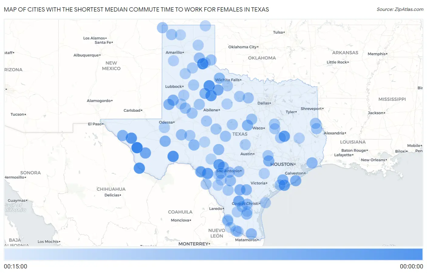 Cities with the Shortest Median Commute Time to Work for Females in Texas Map