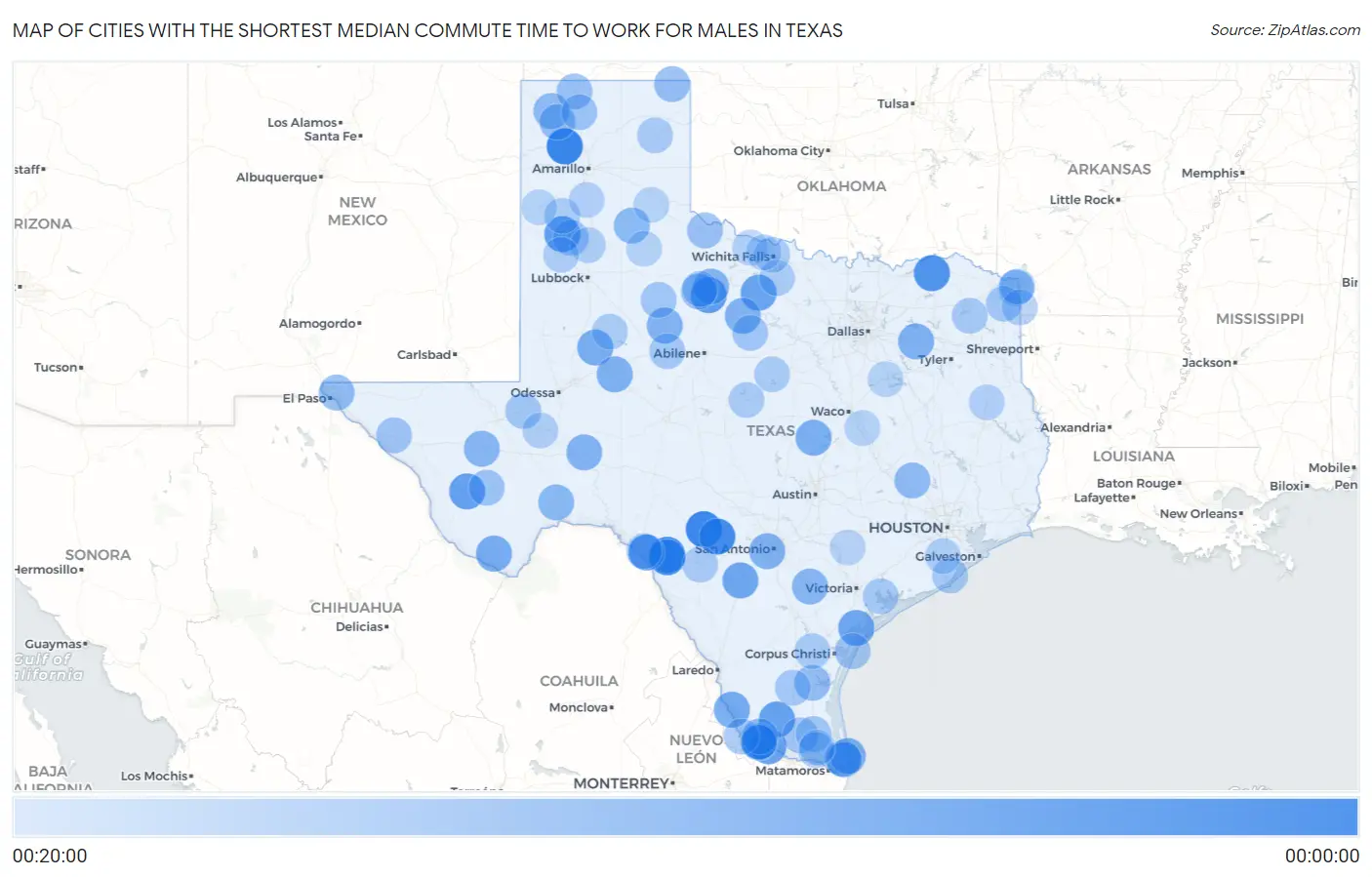Cities with the Shortest Median Commute Time to Work for Males in Texas Map