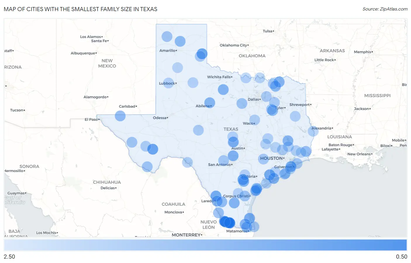 Cities with the Smallest Family Size in Texas Map