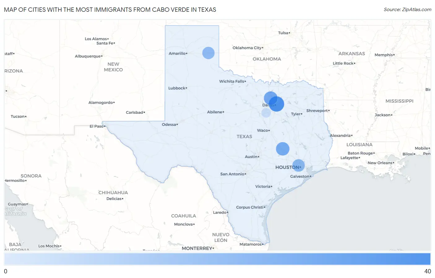 Cities with the Most Immigrants from Cabo Verde in Texas Map