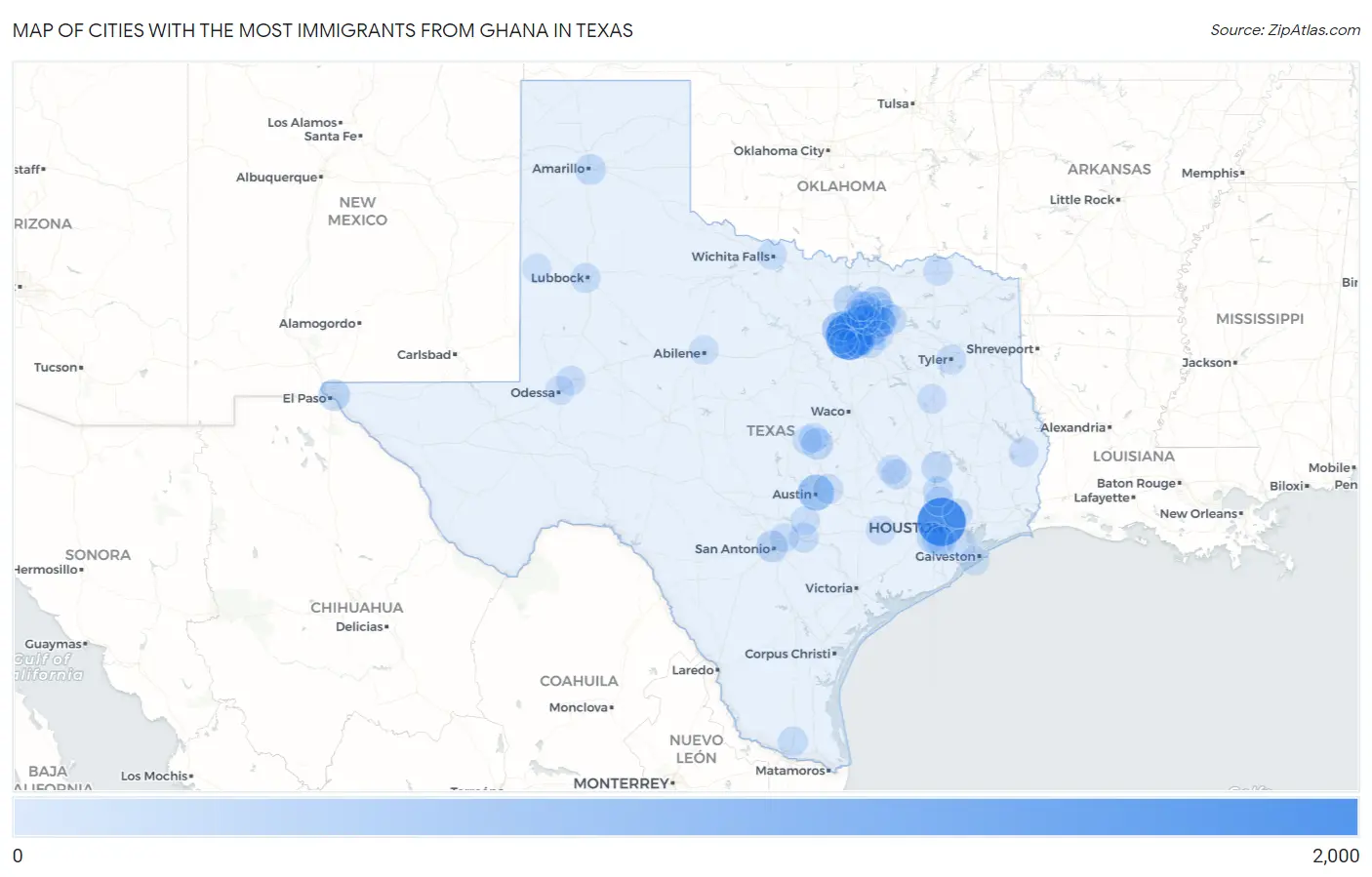 Cities with the Most Immigrants from Ghana in Texas Map