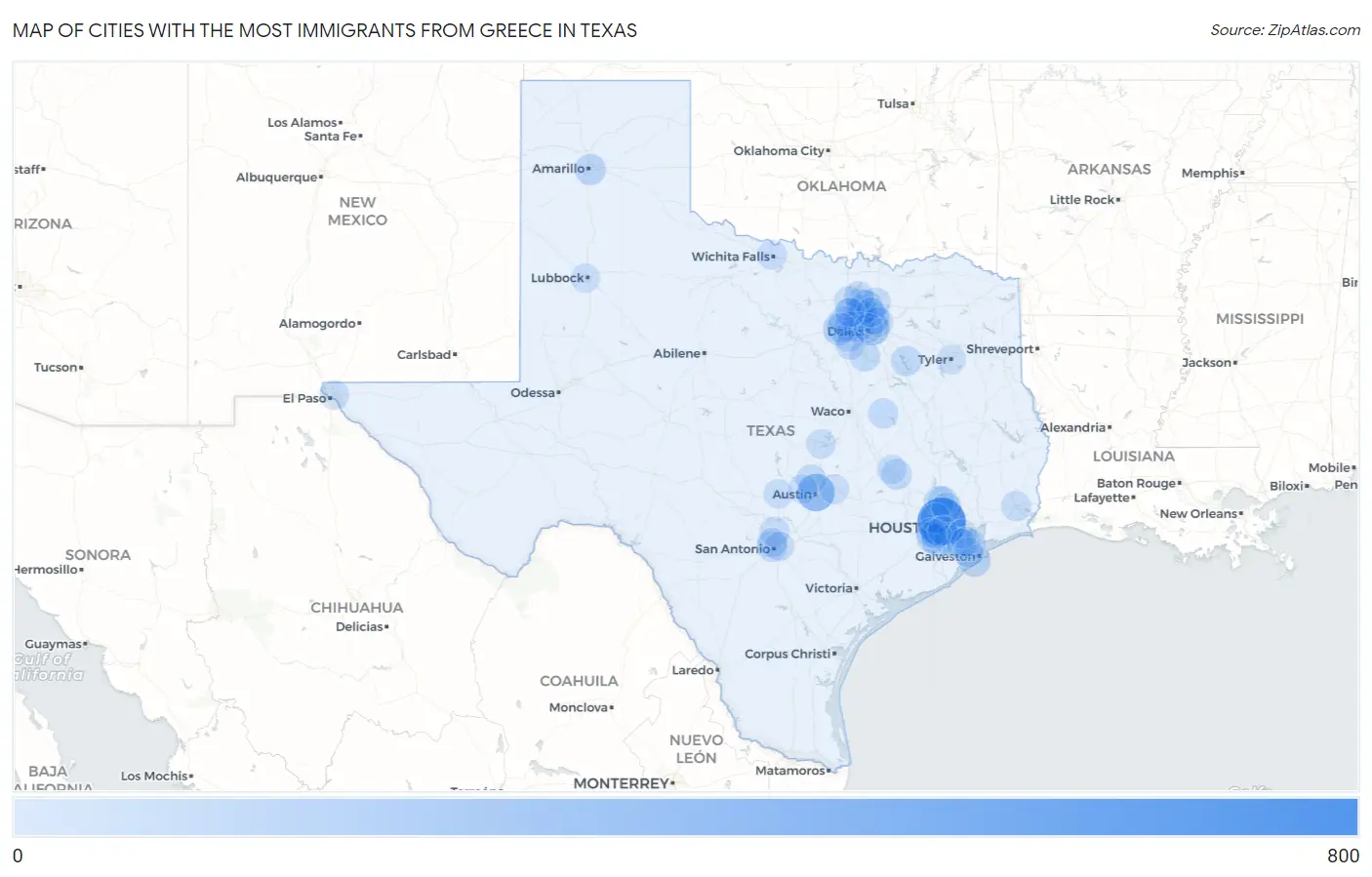Cities with the Most Immigrants from Greece in Texas Map