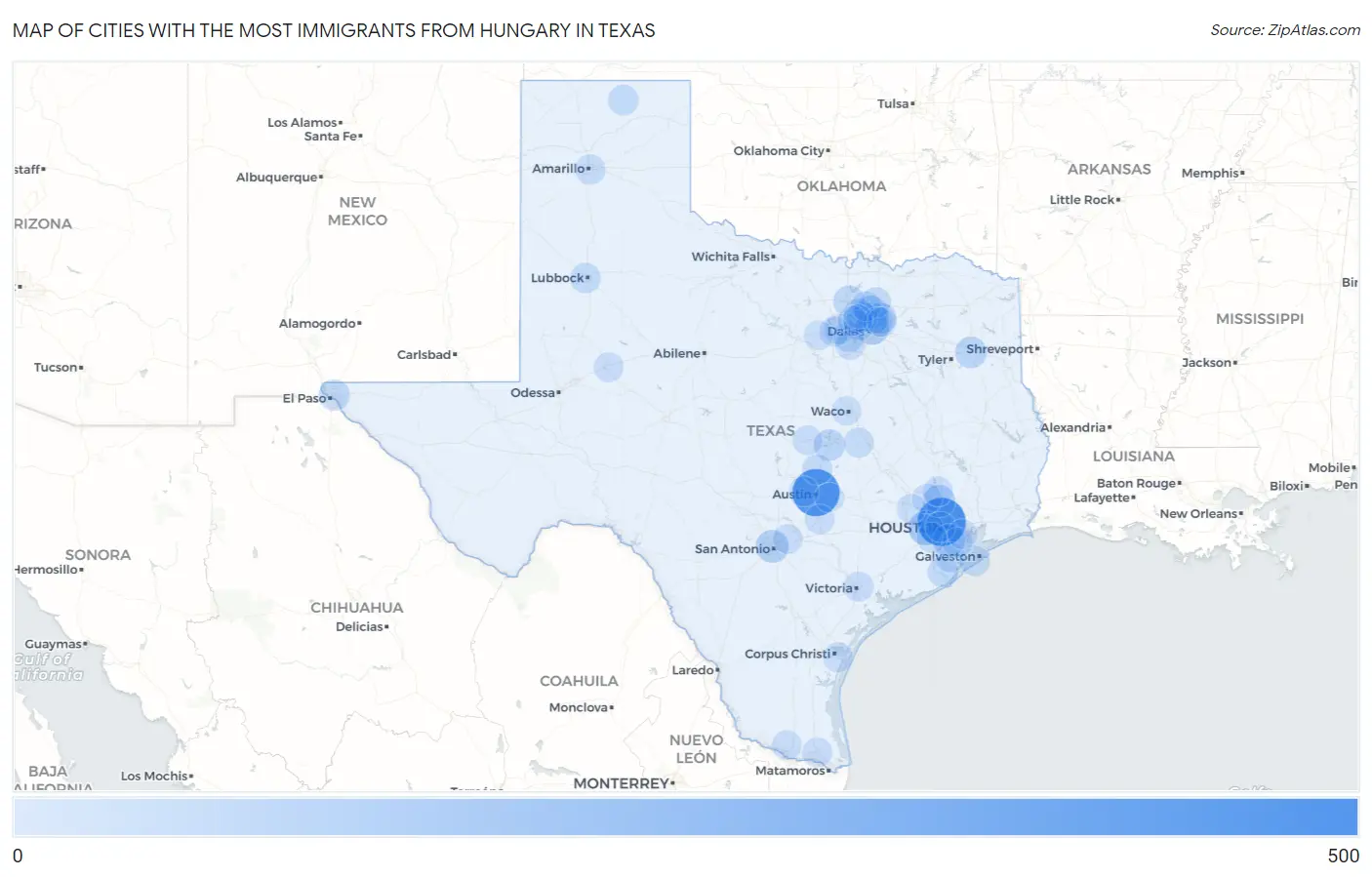 Cities with the Most Immigrants from Hungary in Texas Map