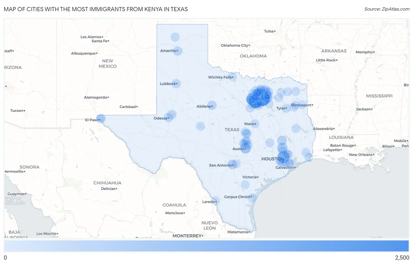 Cities with the Most Immigrants from Kenya in Texas Map