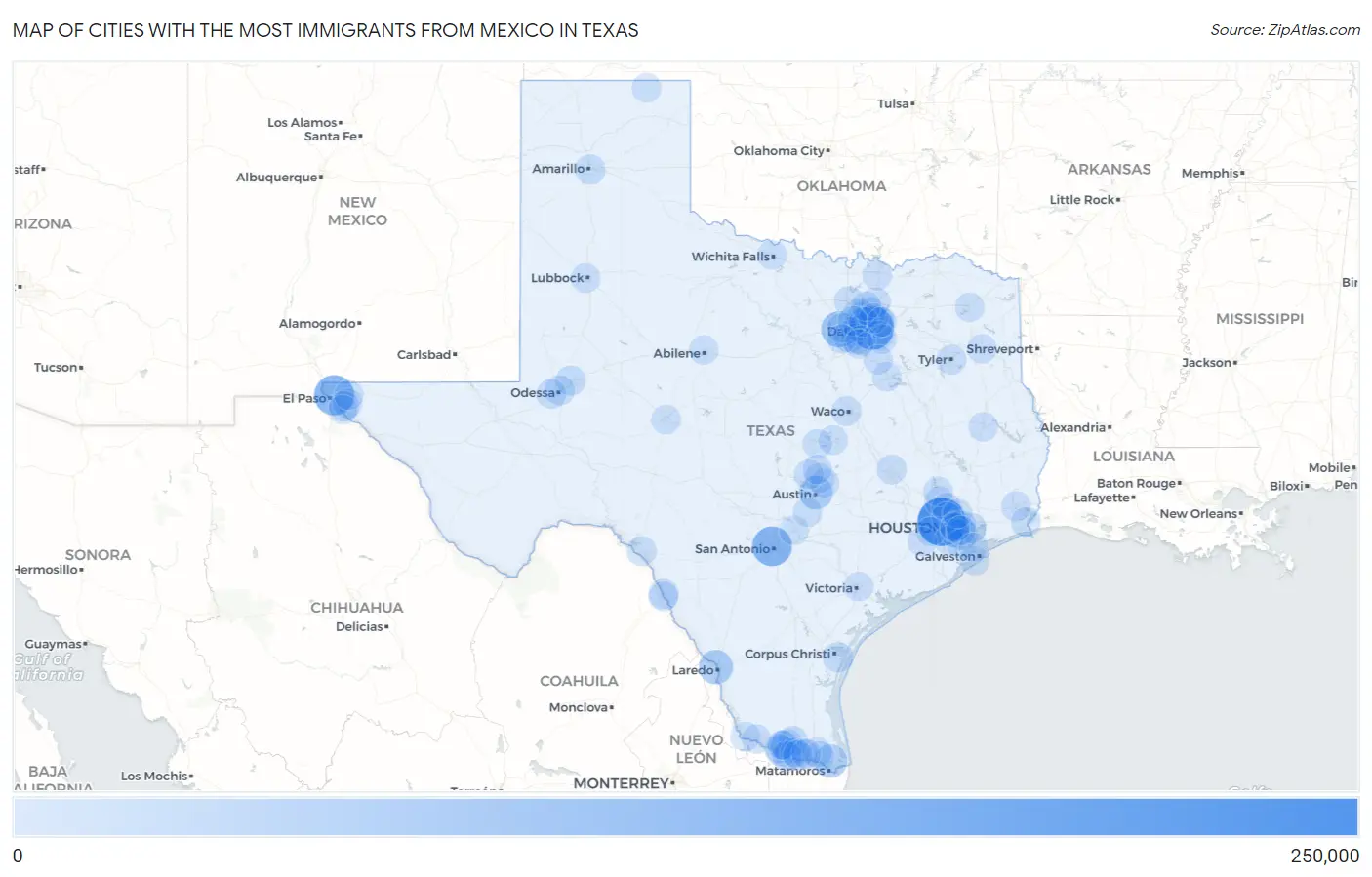 Cities with the Most Immigrants from Mexico in Texas Map