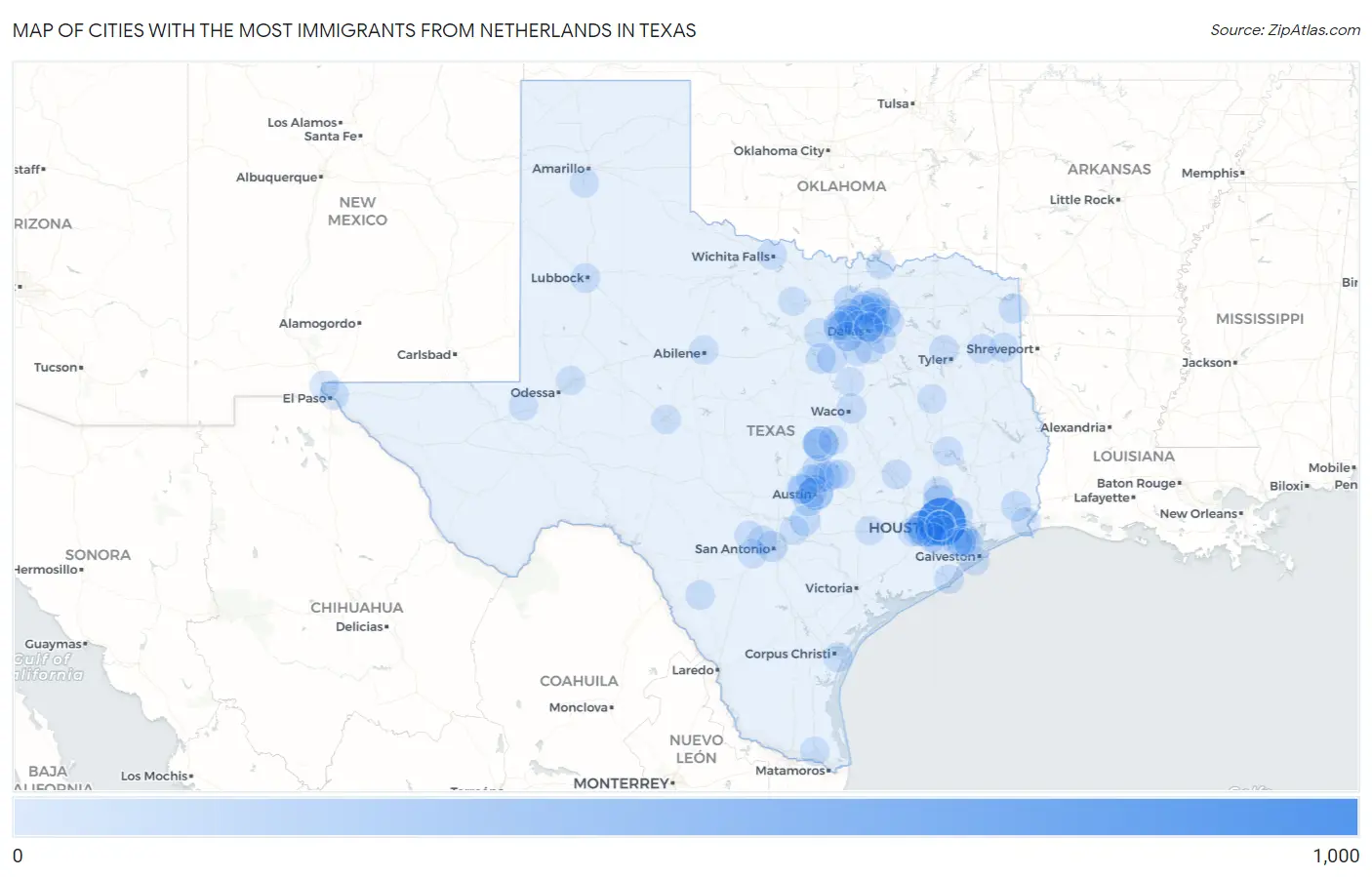 Cities with the Most Immigrants from Netherlands in Texas Map