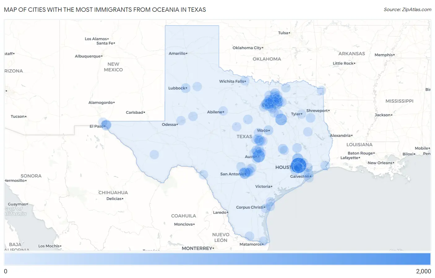 Cities with the Most Immigrants from Oceania in Texas Map