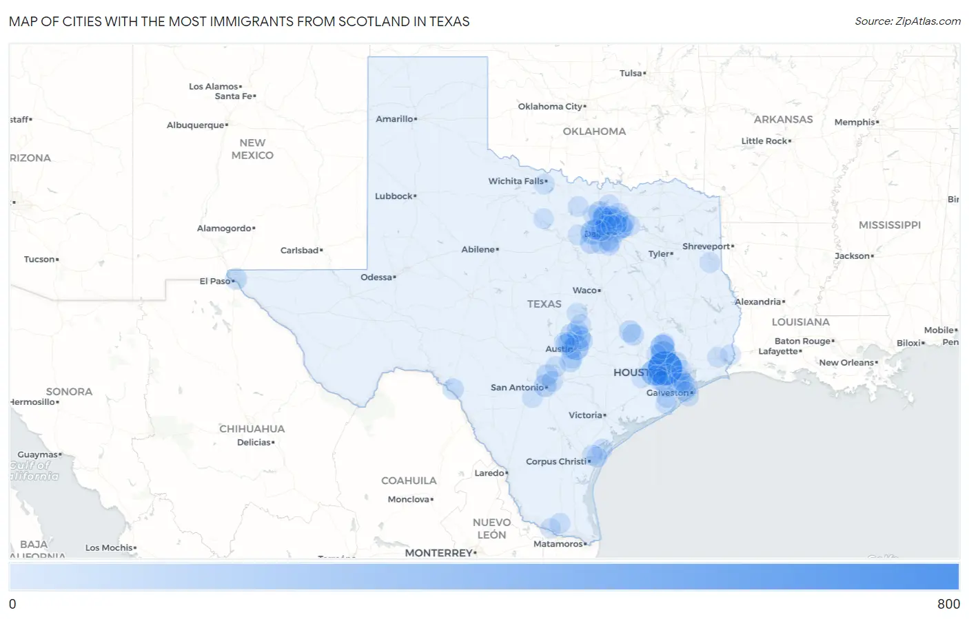 Cities with the Most Immigrants from Scotland in Texas Map