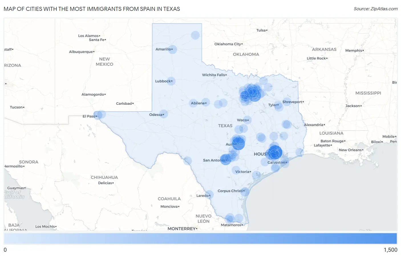 Cities with the Most Immigrants from Spain in Texas Map