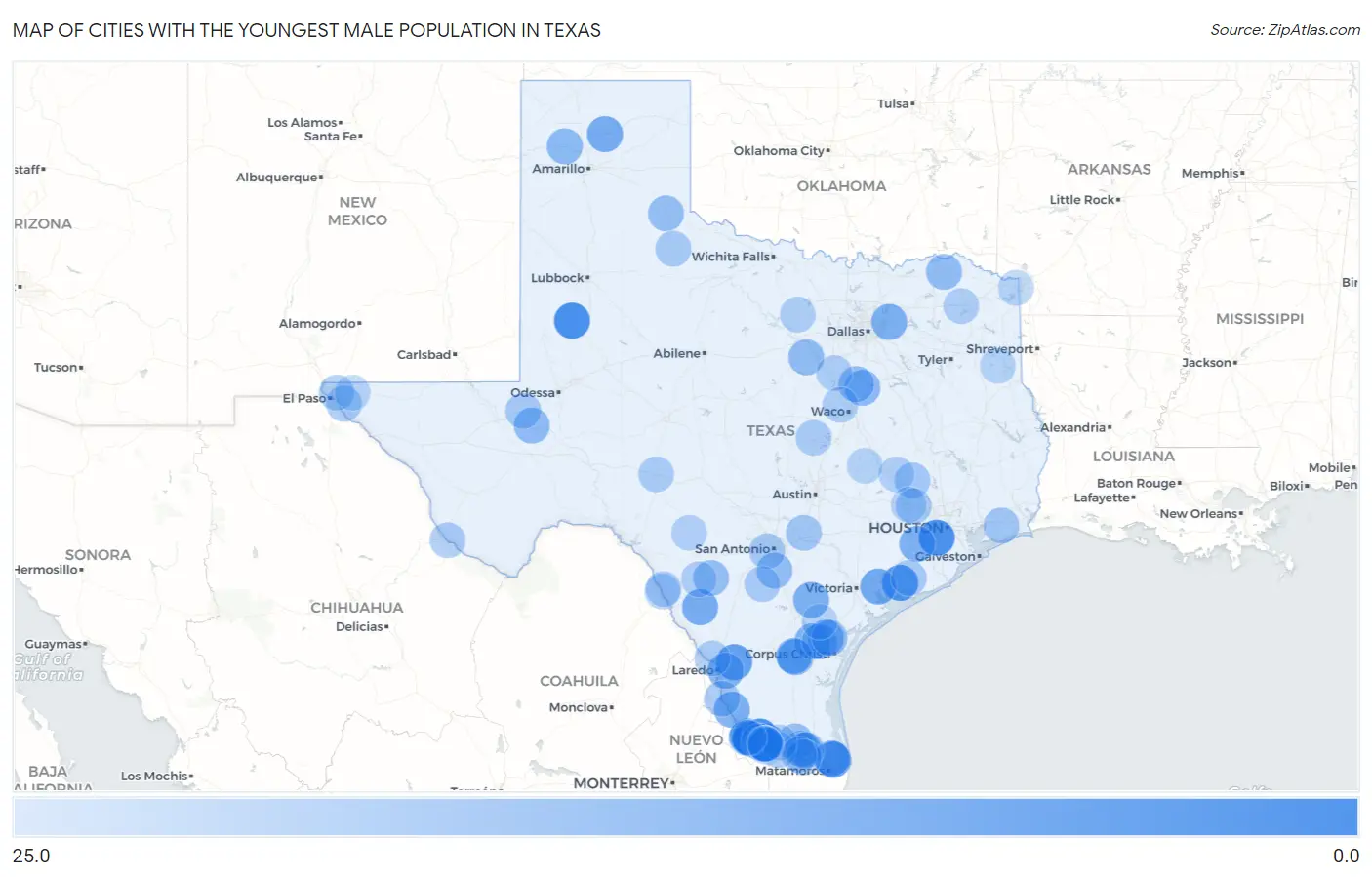 Cities with the Youngest Male Population in Texas Map