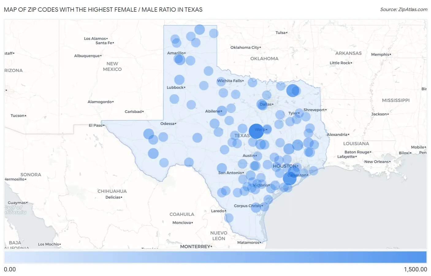 Zip Codes with the Highest Female / Male Ratio in Texas Map
