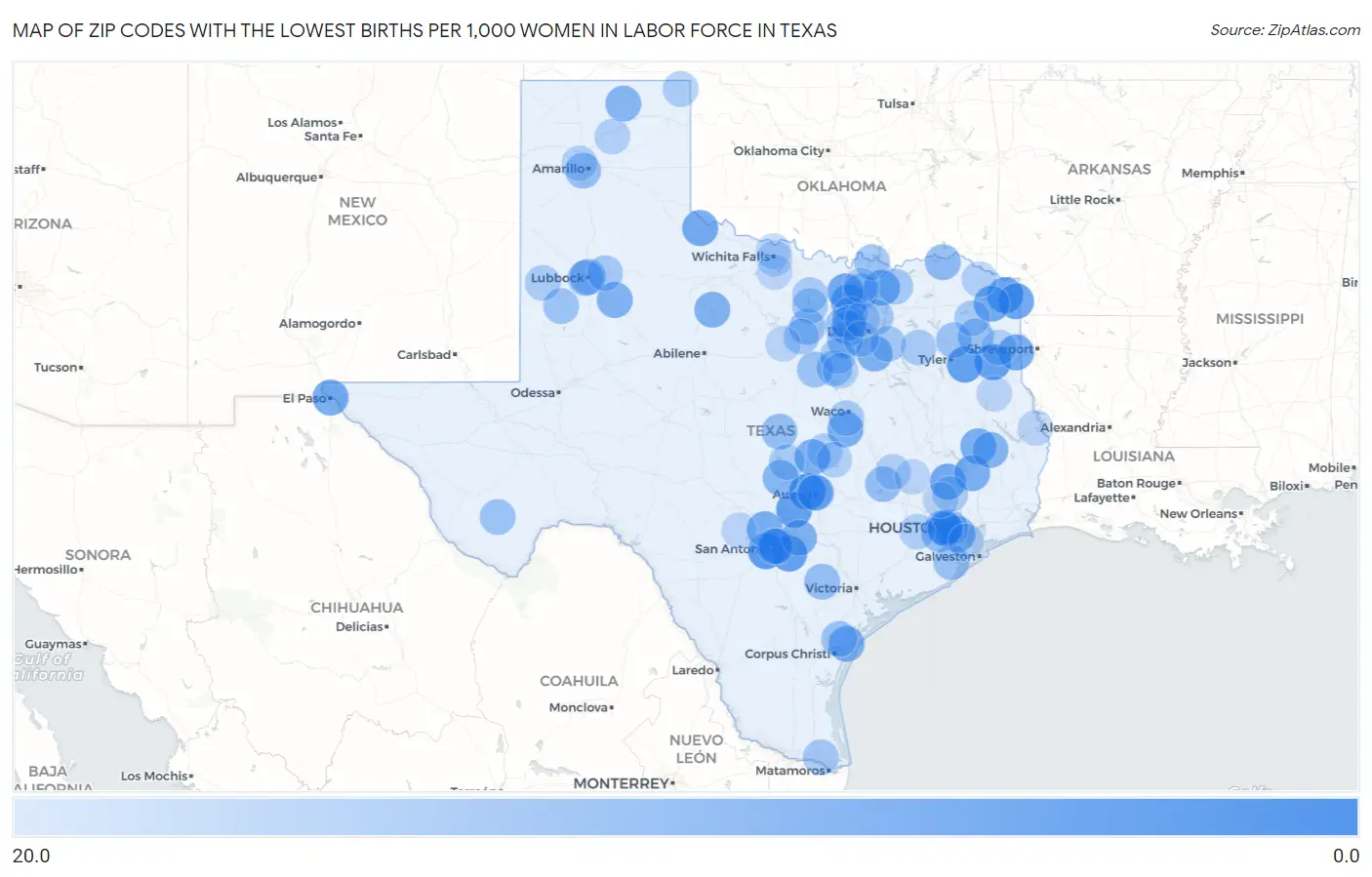 Zip Codes with the Lowest Births per 1,000 Women in Labor Force in Texas Map