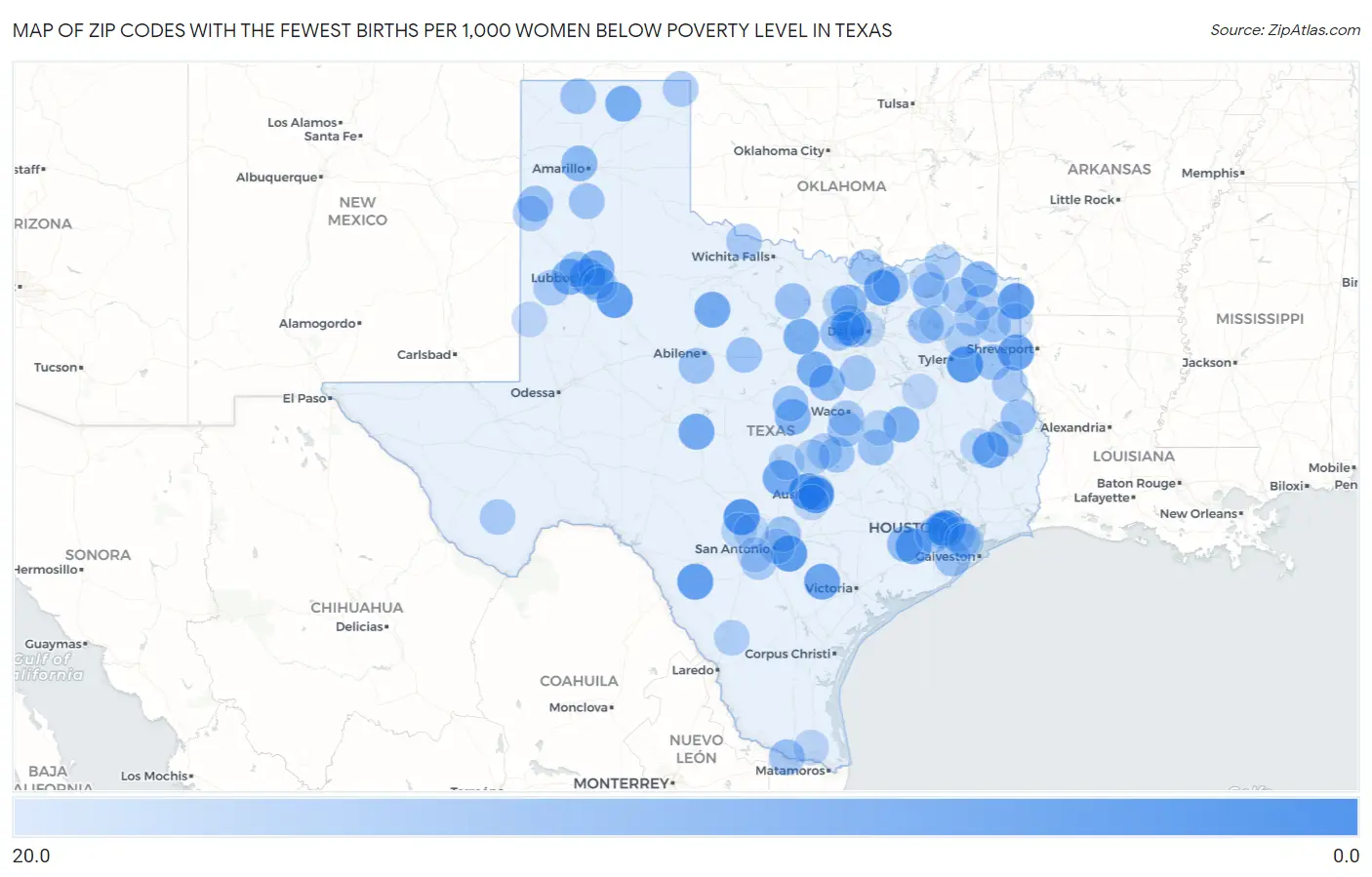 Zip Codes with the Fewest Births per 1,000 Women Below Poverty Level in Texas Map