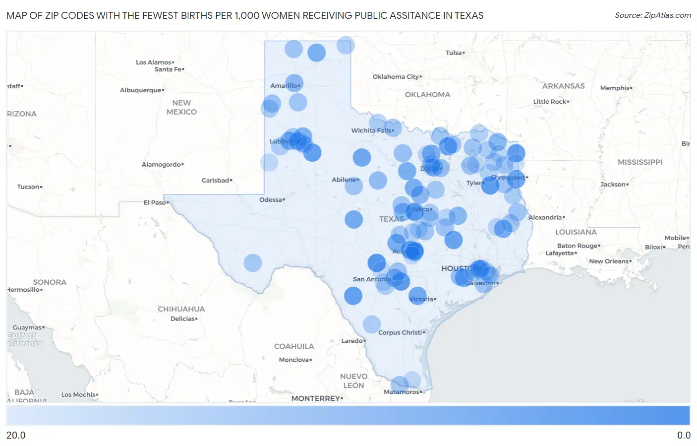 Zip Codes with the Fewest Births per 1,000 Women Receiving Public Assitance in Texas Map