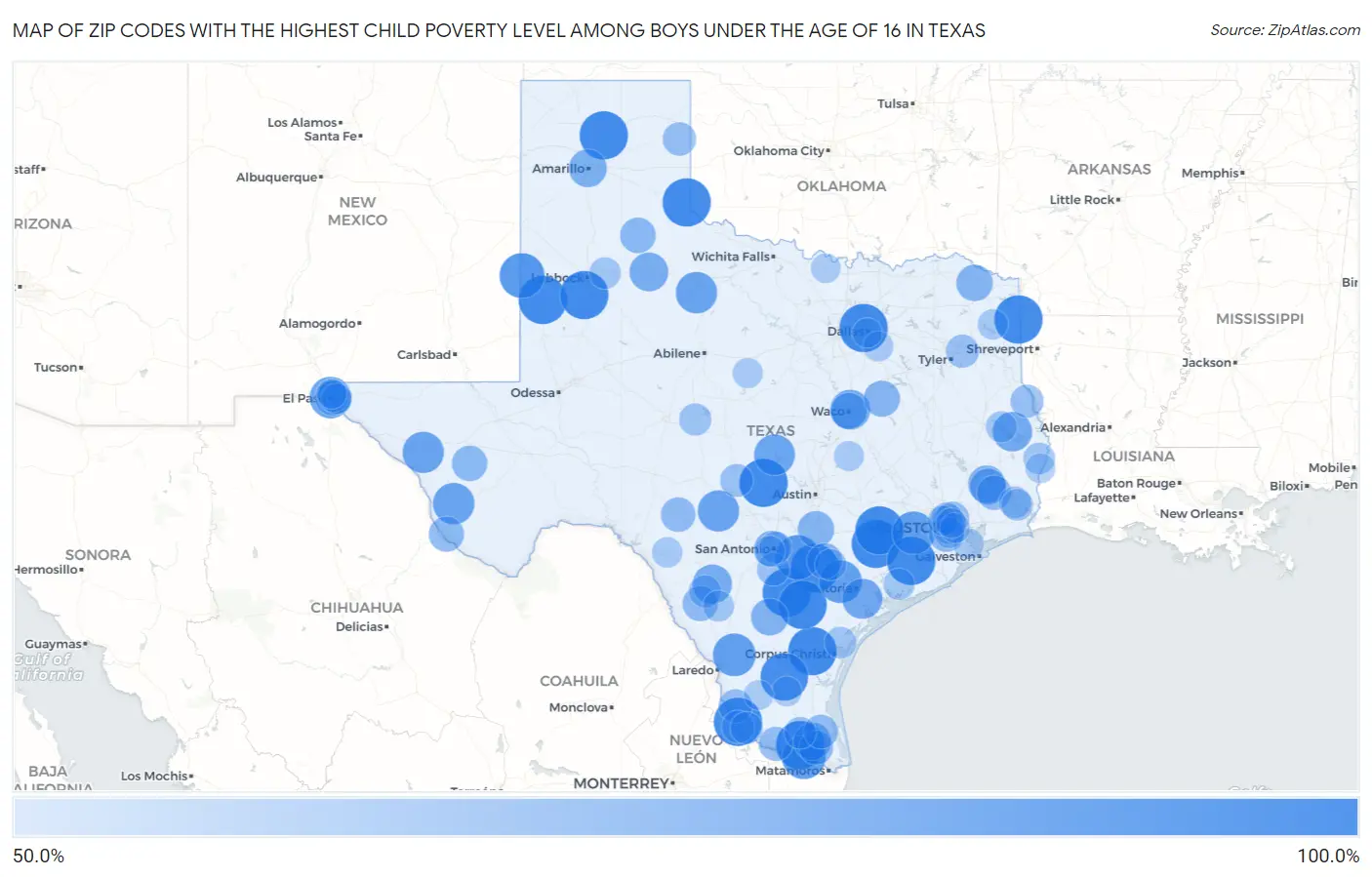 Zip Codes with the Highest Child Poverty Level Among Boys Under the Age of 16 in Texas Map