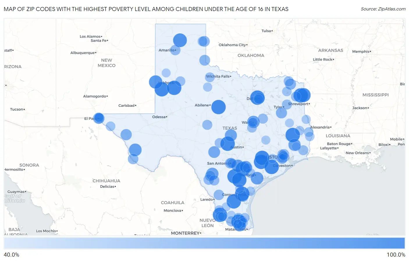 Zip Codes with the Highest Poverty Level Among Children Under the Age of 16 in Texas Map