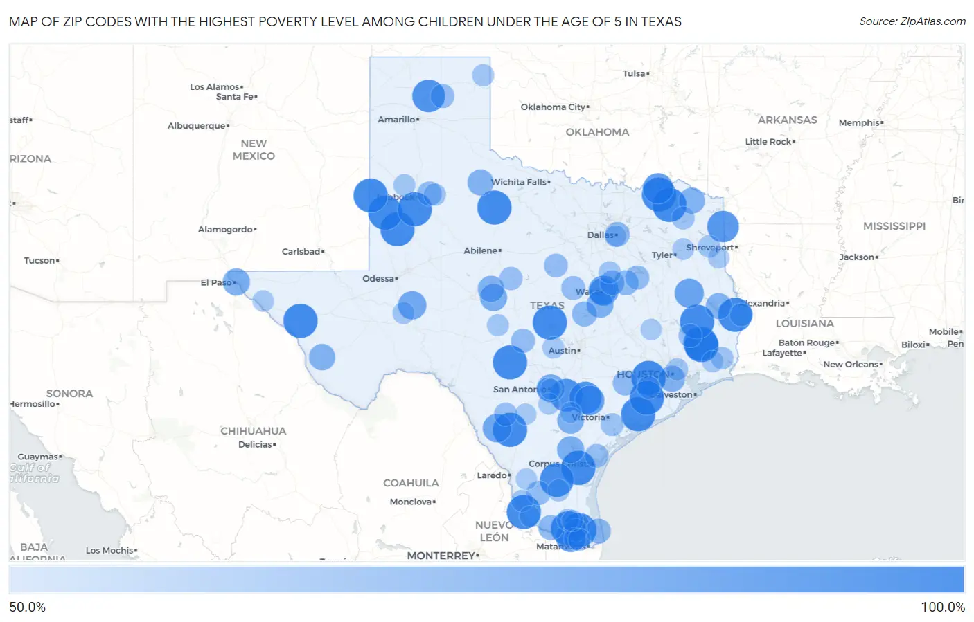 Zip Codes with the Highest Poverty Level Among Children Under the Age of 5 in Texas Map