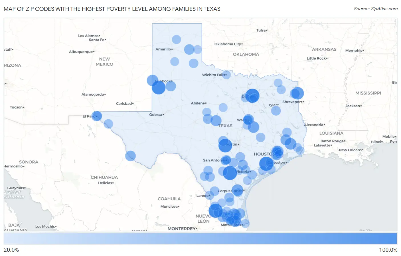 Zip Codes with the Highest Poverty Level Among Families in Texas Map