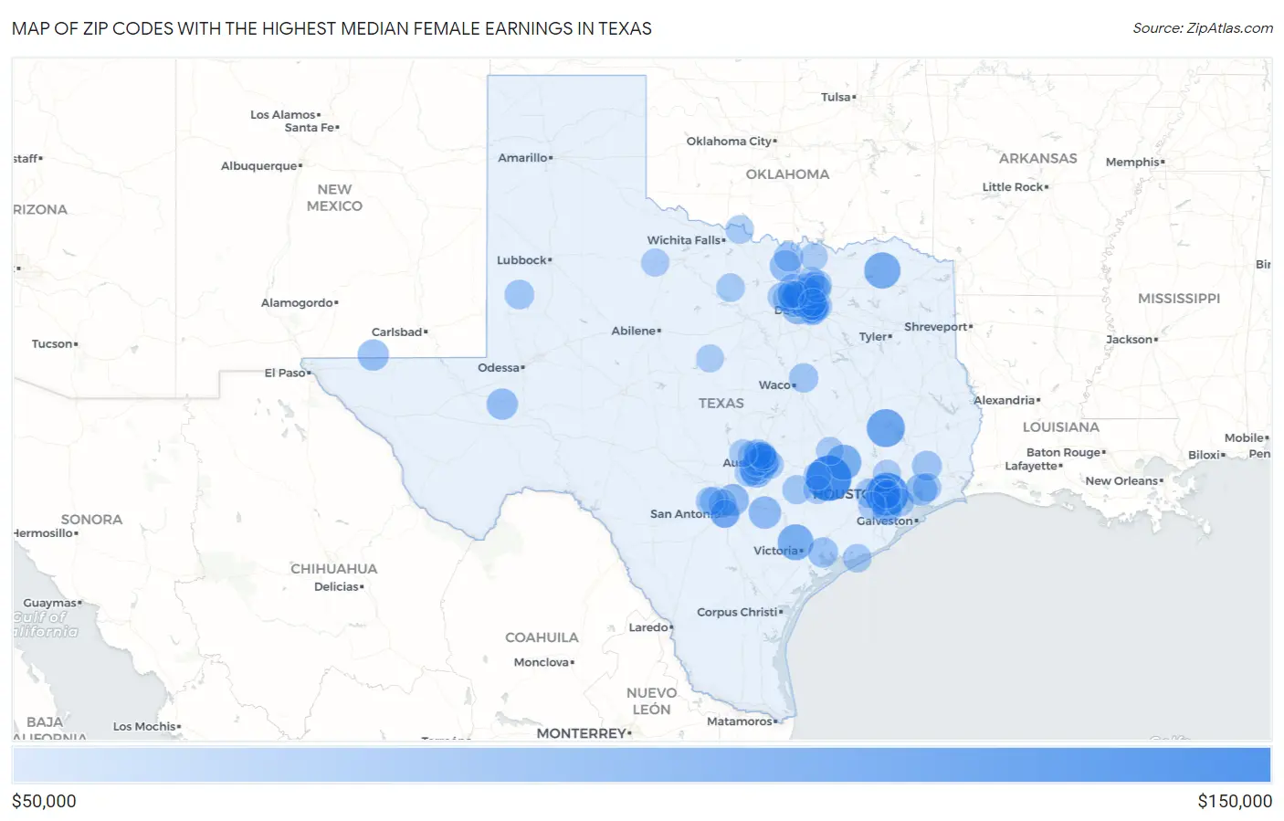 Zip Codes with the Highest Median Female Earnings in Texas Map