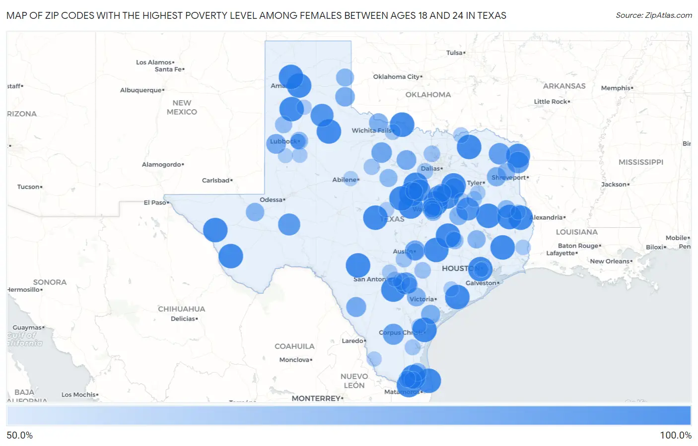 Zip Codes with the Highest Poverty Level Among Females Between Ages 18 and 24 in Texas Map
