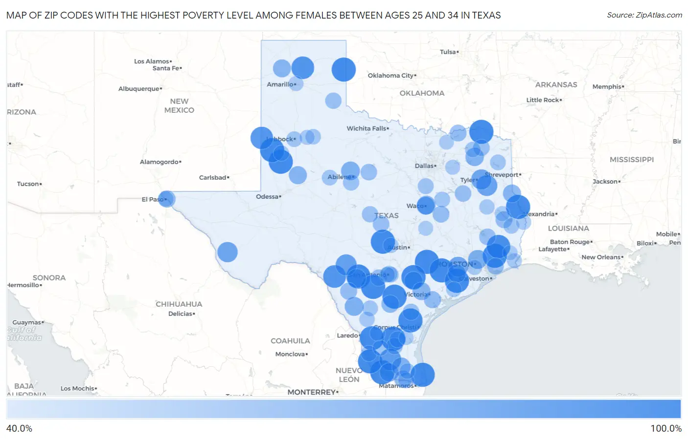 Zip Codes with the Highest Poverty Level Among Females Between Ages 25 and 34 in Texas Map