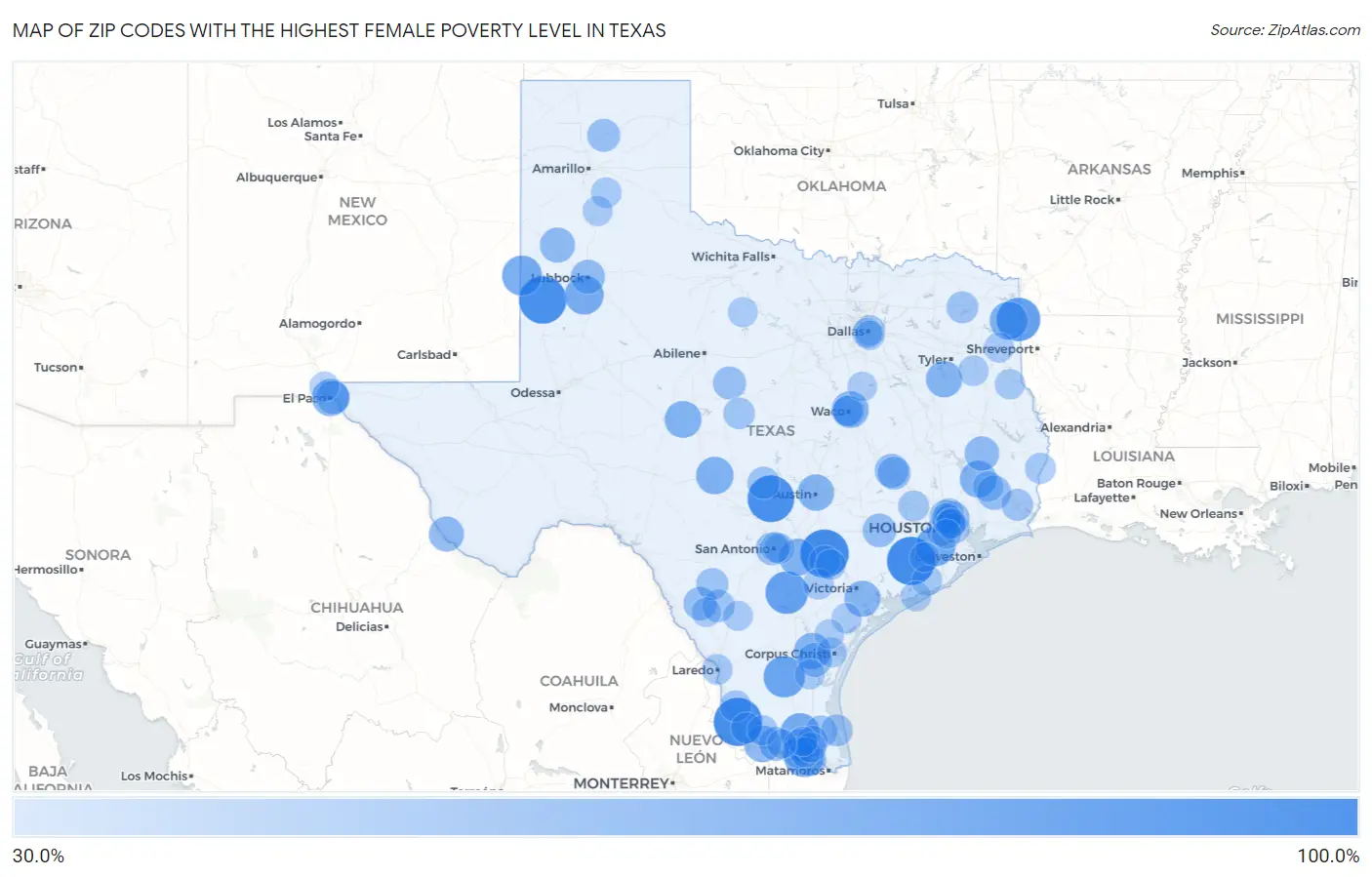 Zip Codes with the Highest Female Poverty Level in Texas Map