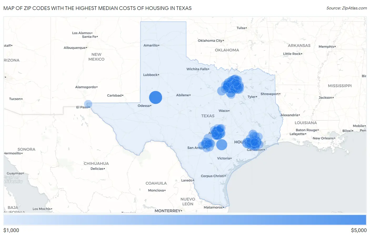 Zip Codes with the Highest Median Costs of Housing in Texas Map