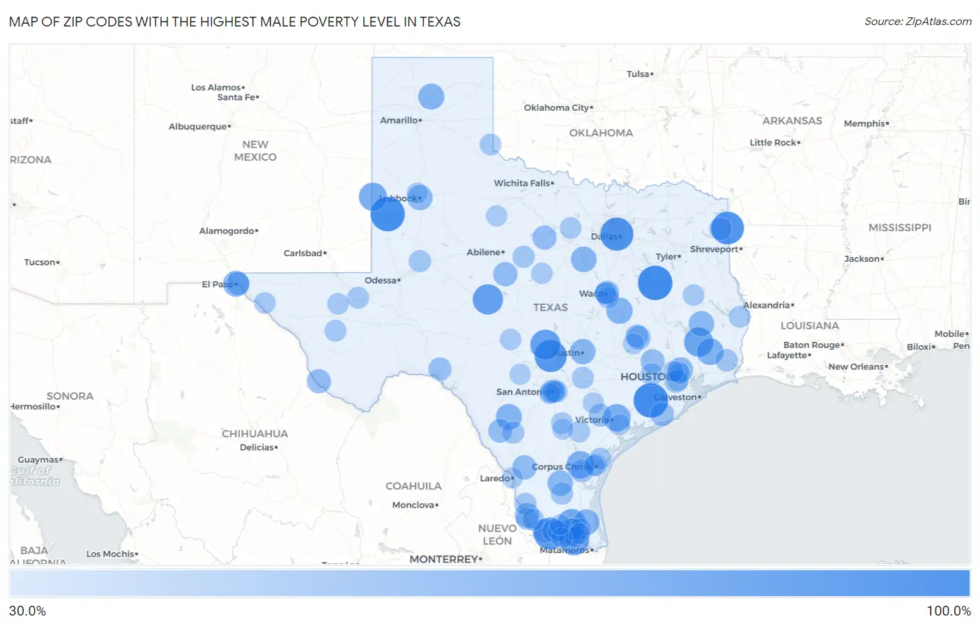 Zip Codes with the Highest Male Poverty Level in Texas Map