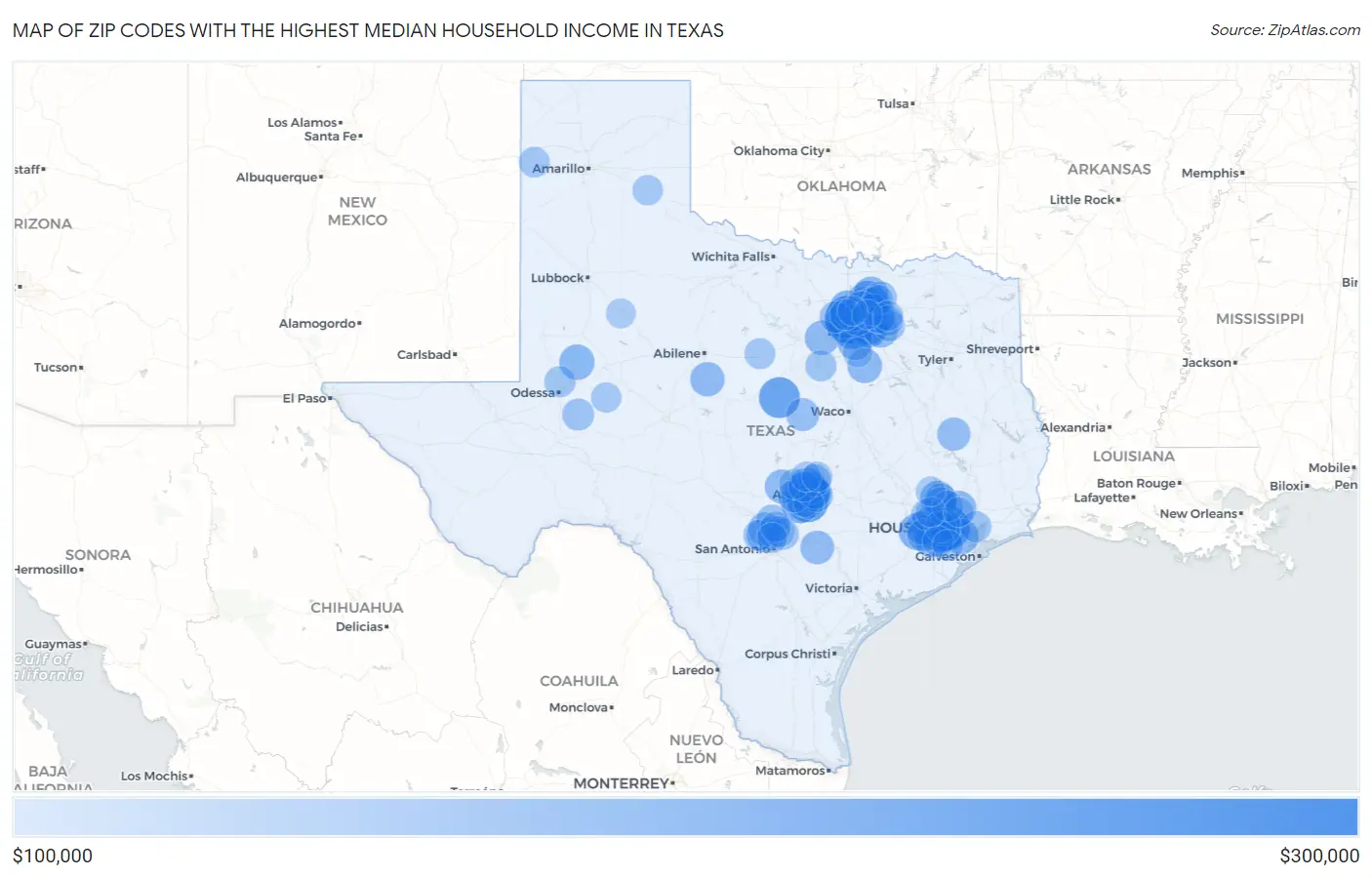 Zip Codes with the Highest Median Household Income in Texas Map