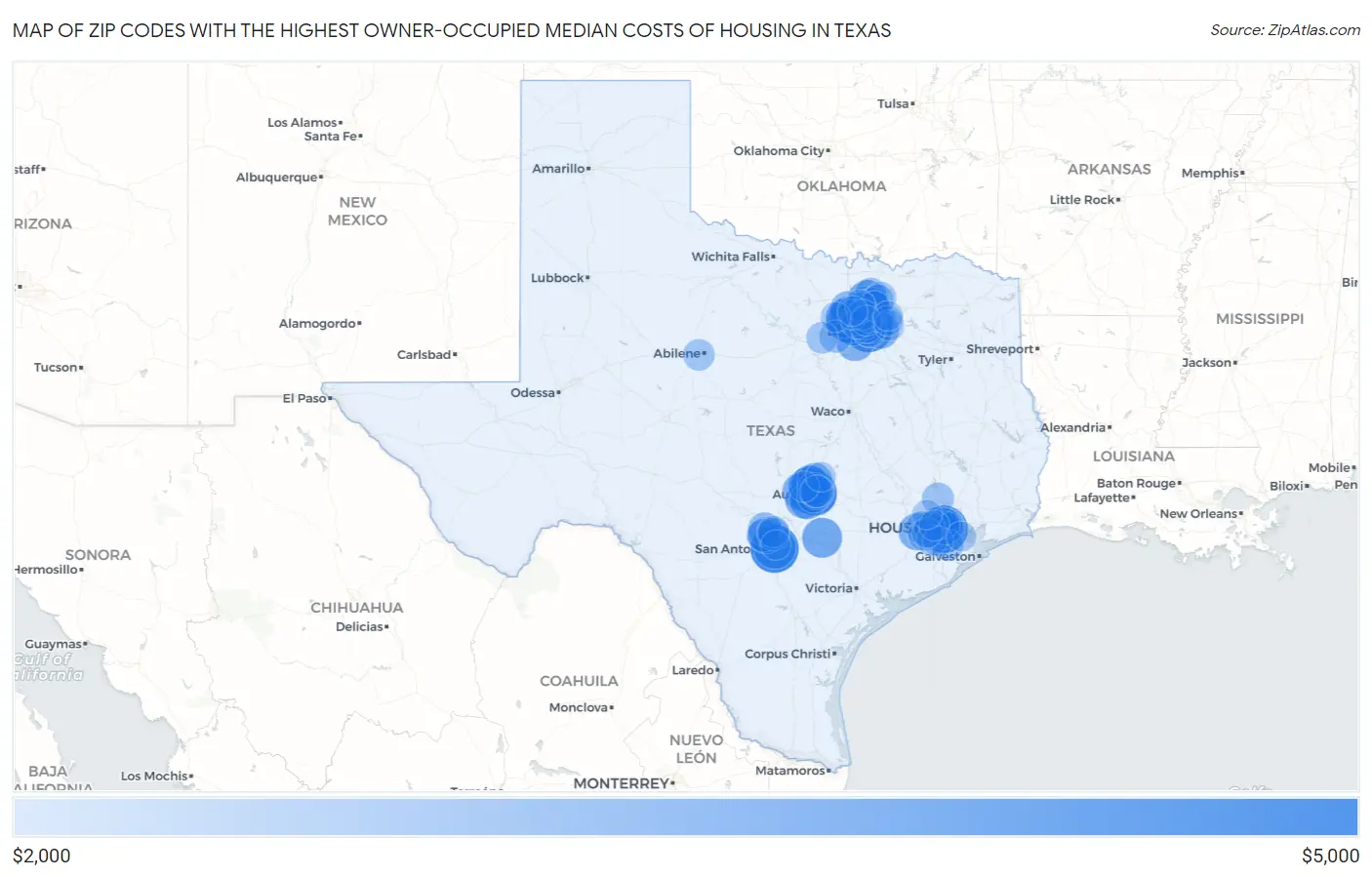 Zip Codes with the Highest Owner-Occupied Median Costs of Housing in Texas Map