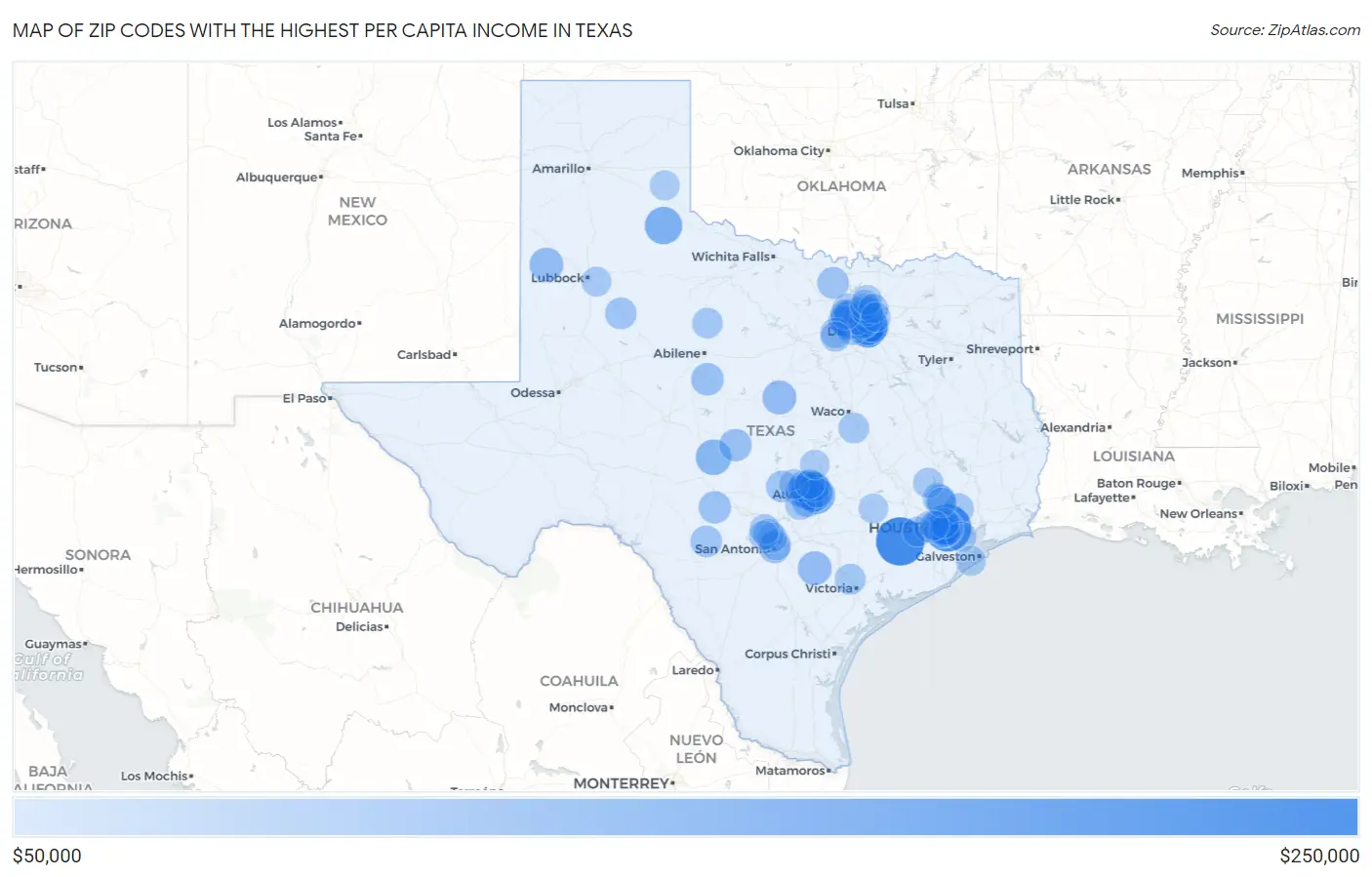 Zip Codes with the Highest Per Capita Income in Texas Map