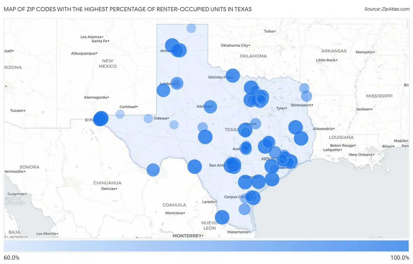 Zip Codes with the Highest Percentage of Renter-Occupied Units in Texas Map