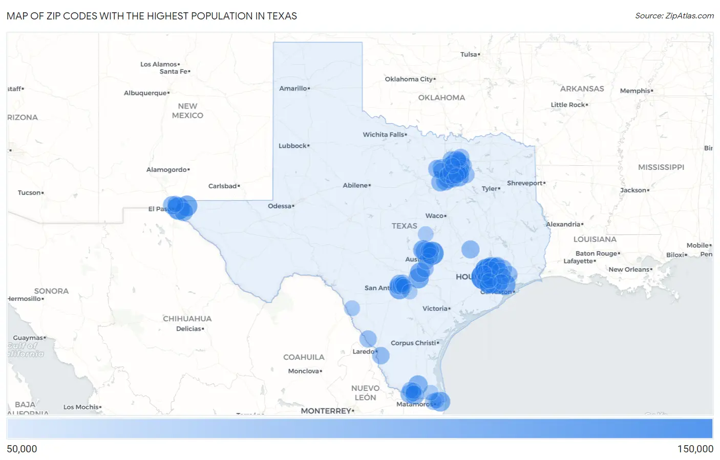 Zip Codes with the Highest Population in Texas Map