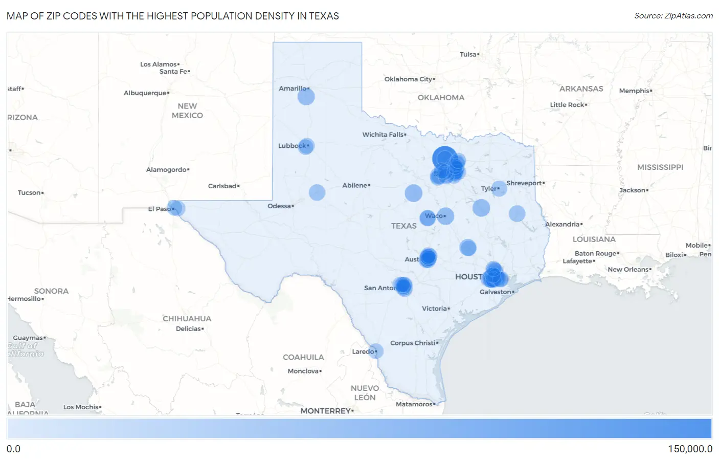 Zip Codes with the Highest Population Density in Texas Map