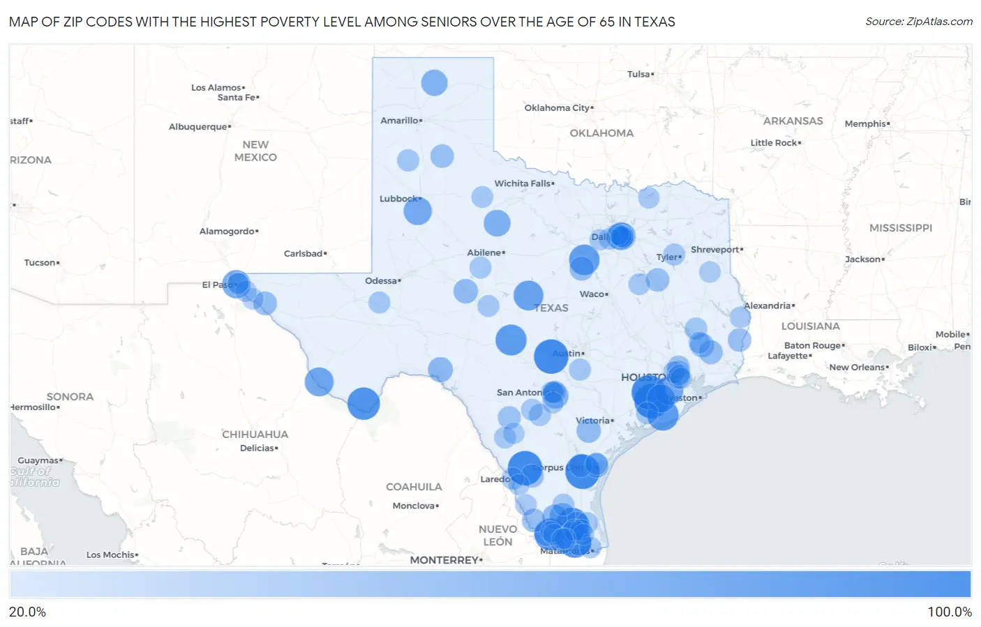 Zip Codes with the Highest Poverty Level Among Seniors Over the Age of 65 in Texas Map